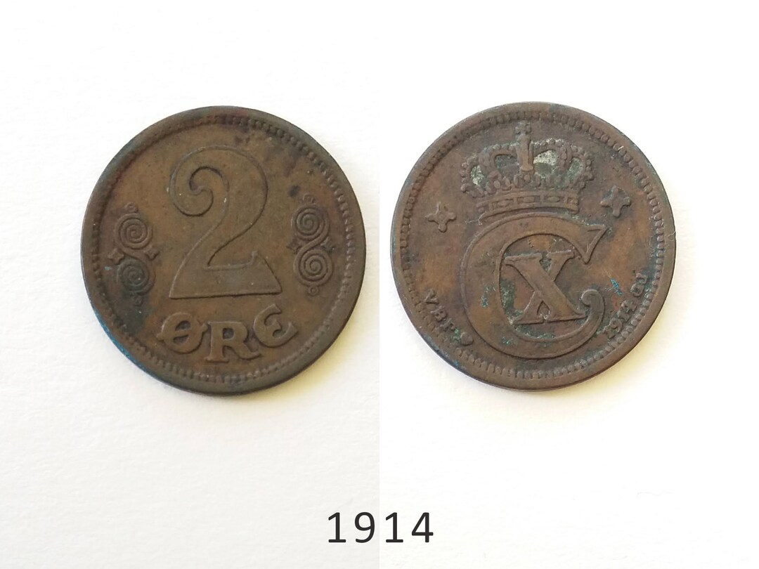 Danish 2 Ore 1914, 1915, 1917, 1919, 1920, 1921, 1923 - Vintage
