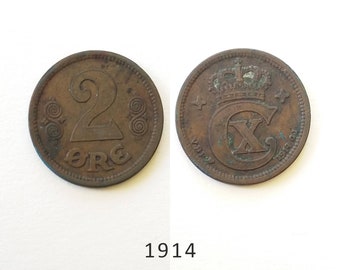 Danish 2 ore 1914, 1915, 1917, 1919, 1920, 1921, 1923. Bronze coins. Antique coins from Denmark, King Christian X, Vintage coins
