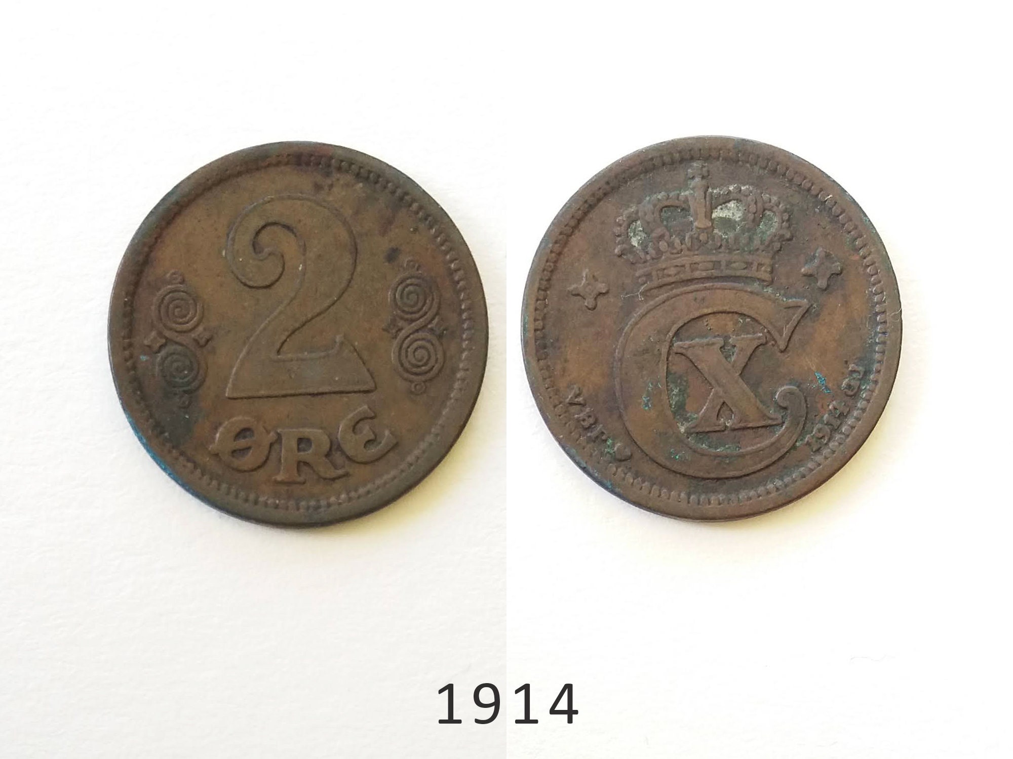 Danish 2 Ore 1914, 1915, 1917, 1919, 1920, 1921, 1923 - Vintage