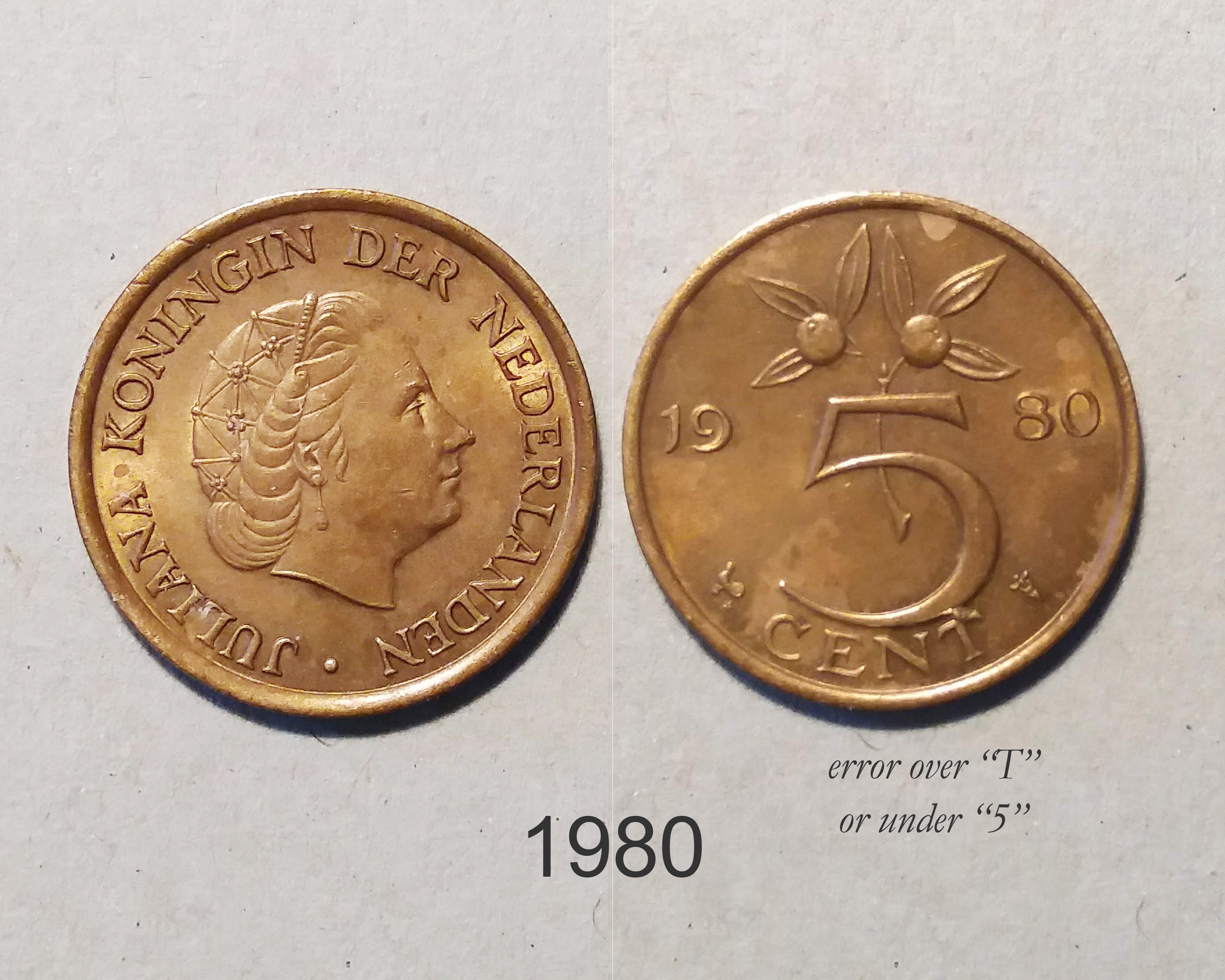Netherlands 5 Cents, 1976, 1979, 1980 - Juliana - Vintage Coins