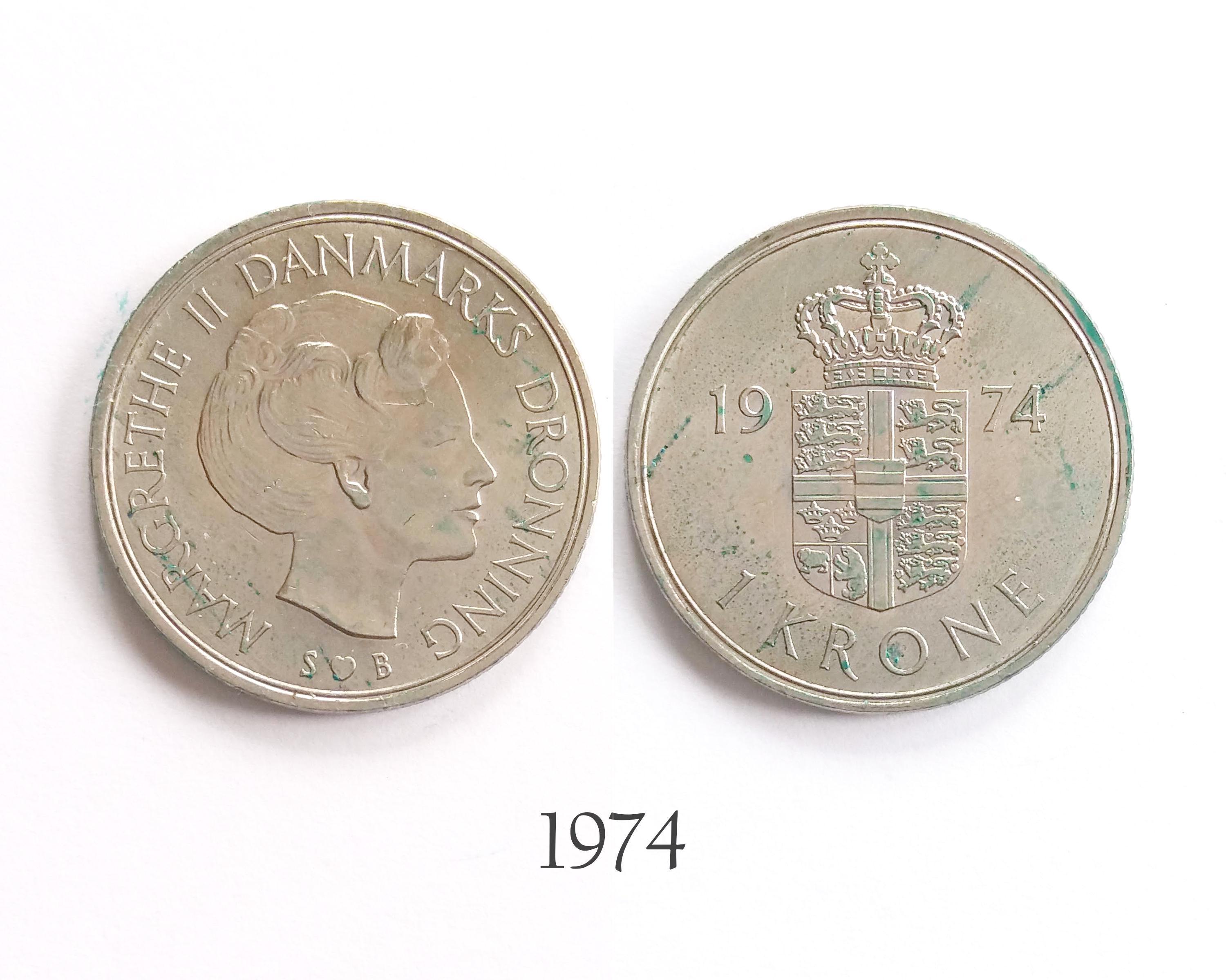 Danish 1 Krone 1973, 1974, 1975, 1976, 1977, 1978. Vintage Coin