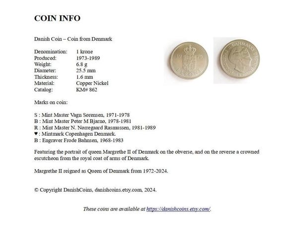 Danish 1 krone 1973, 1974, 1975, 1976, 1977, 1978. Vintage coin