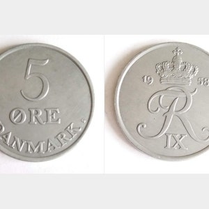 Danish 5 ore 1958, 1959, 1960, 1961, 1962, 1963, 1964. Vintage Münzen, skandinavische Münze. König Frederik IX