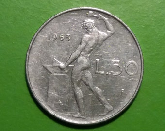 Italiaans 50 lire, 1963, 1974, 1976, 1977, 1979, 1983, vintage munten uit Italië, Repubblica Italiana, pre-euromunten