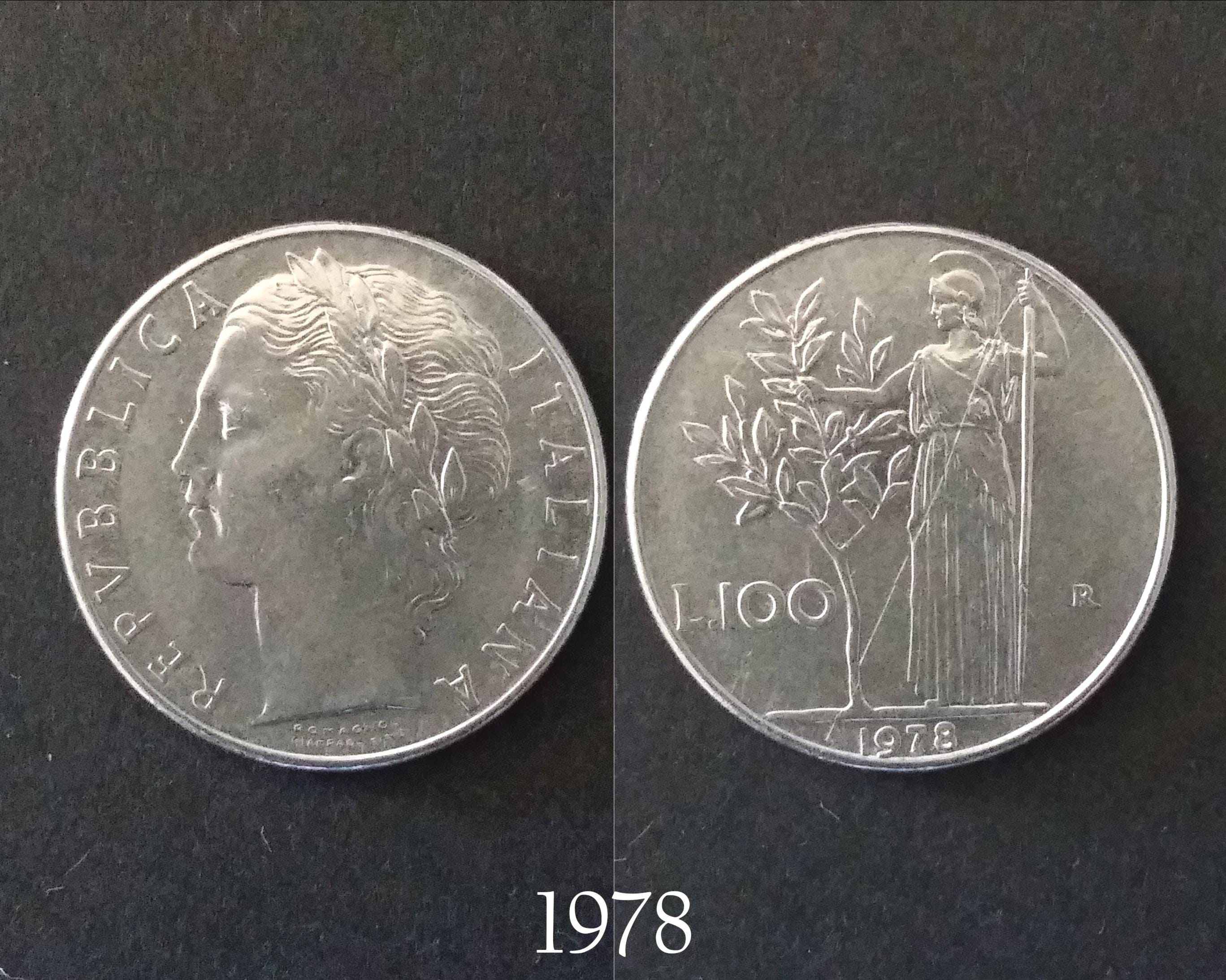 イタリア 100 リラ、1975 年、1976 年、1977 年、1978 年、1979 年