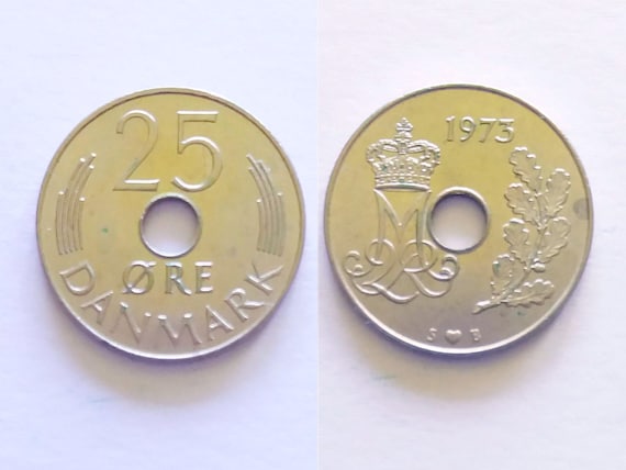 Danish 25 øre 1973, 1974, 1975, 1976, 1977, 1978. Vintage Coin