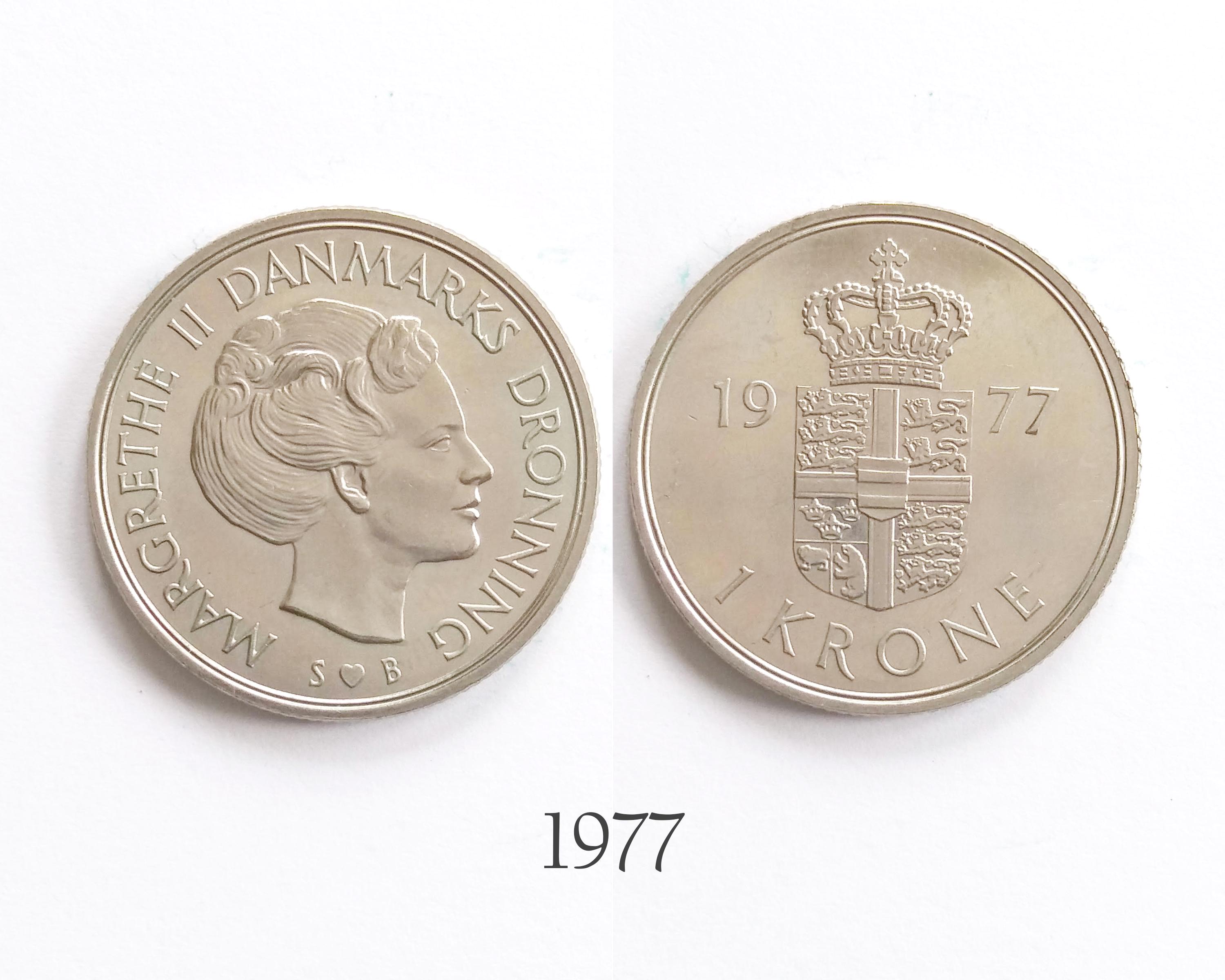 Danish 1 krone 1973, 1974, 1975, 1976, 1977, 1978. Vintage coin