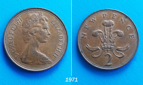 Great Britain, New Pence, 2 Pence, 1971, 1977, Vintage Coins