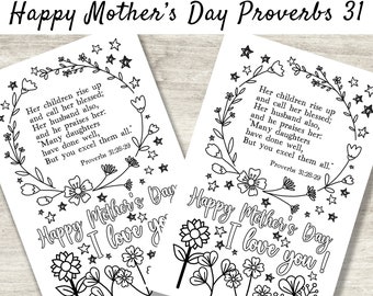 Happy Mother&#39;s Day, Mom, Mother. Proverbs 31 Coloring Card, Printable Scripture Bible Card, Christian Kids Activity, Sunday School Craft