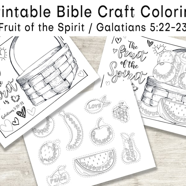 Printable Fruit of the Spirit Craft Coloring Activity, Galatians 5:22-23, Sunday School Activity, Bible Craft, Kids Church, Scripture Craft