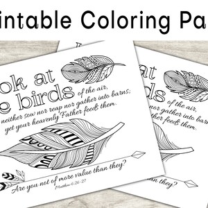 Página para colorear de las Escrituras, página para colorear de la Biblia, Mateo 6:26-27, Observa las aves, página para colorear cristiana