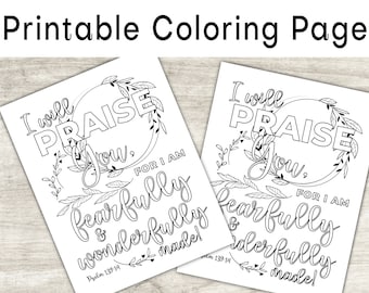 Scripture Coloring Page, Bible Coloring Page, Psalm 139:14, Fearfully and Wonderfully Made, Christian Coloring Page