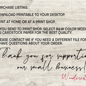 May include: A printable listing with instructions for purchasing, downloading, printing, and contacting the seller. The text reads "Thank you for supporting our small business! Wonderest!"