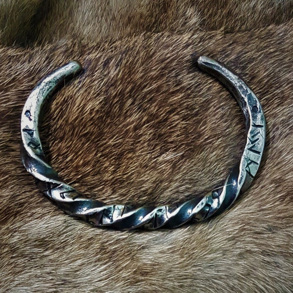 Hand forged viking rune bracelet, pagan torc