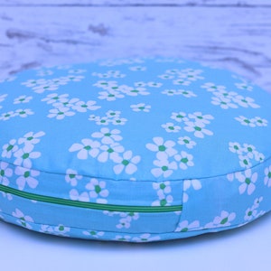 hellblau "Blüh" Blumen Kinderkissen rund Meditationskissen Yogakissen Sitzkissen Bodenkissen Yoga flach Baumwolle Bio-Dinkelspelzen Kissen
