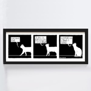 Può includere: Illustrazione a fumetti in bianco e nero di tre gatti. Il primo gatto dice "DEVO, DEVO. DEVO." Il secondo gatto dice "CHE QUEL CHE DEVO SIA LEGATO A CIO CHE VOGLIO." Il terzo gatto dice "ALTRIMENTI CHE SI TOLGA DI TORNO." La striscia a fumetti è incorniciata in nero.