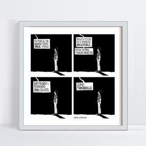 May include: A black and white comic strip with four panels. The first panel shows a person standing with the text "FA' PURE LE TUE SCELTE SENZA ANSIE, UMANO." The second panel shows the same person standing with the text "NULLA DI CIO CHE FAI È DAVVERO IRREVERSIBILE. POTRAI SEMPRE TORNARE INDIETRO." The third panel shows the same person standing with the text "SOFFRENDO E PERDENDO ANNI DI VITA." The fourth panel shows the same person standing with the text "QUINDI TRANQUILLO." The comic strip is signed "coma, empirico."