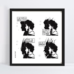 Könnte beinhalten: Schwarzweiß-Illustration eines Comics mit vier Panels. Die Panels zeigen eine Person, aus deren Kopf ein fischähnliches Wesen hervortritt. Der Text in den Panels lautet: "È UNA FORMA DI DIFESA, UMANO", "SE NON FAI PACE CON LE TUE PAURE", "FINISCI COL DIVENTARE...", und "CIO CHE TI SPAVENTA".