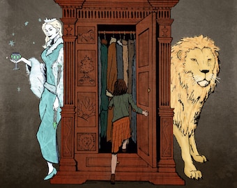May include: A girl in a brown dress and green jacket opens a wooden wardrobe door. A white figure with a crown and a wand stands to the left of the wardrobe. A large lion stands to the right of the wardrobe.