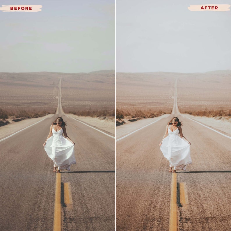 May include: A woman in a white dress walks down a long road in a desert landscape. The image is split into two vertical sections, labeled "BEFORE" and "AFTER", showing a color correction effect. The road stretches into the distance under a hazy sky.