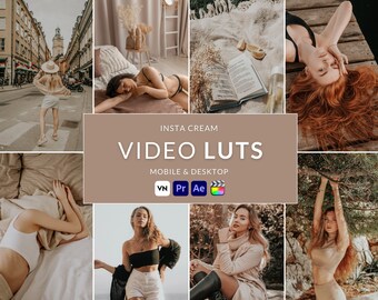May include: A collage of images featuring various women in different settings. The images are styled with a warm, cream-toned filter. The text "Insta Cream Video Luts" is displayed in the center of the collage, along with icons for various video editing software.