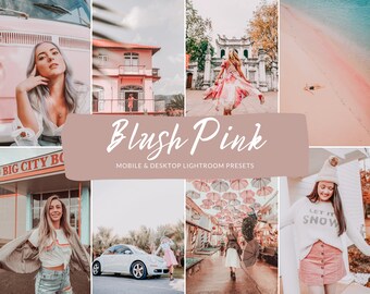 May include: A collage of images with a blush pink color theme. The images include a woman, a pink building, a woman in a flowing dress, a beach scene, a storefront, a white car, a street with umbrellas, and a woman in a sweater. Text reads "Blush Pink" and "Mobile & Desktop Lightroom Presets."