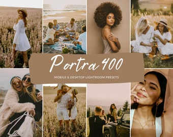 Puede incluir: Un collage de fotos de estilo de vida con una estética cálida y dorada. Las imágenes presentan a personas en varios entornos al aire libre, incluidos campos y playas. La superposición de texto dice "Portra 400 Mobile & Desktop Lightroom Presets."