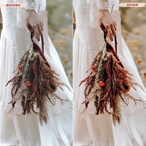 May include: A bridal bouquet featuring dried flowers and grasses in shades of brown, red, and beige. The bouquet is tied with a burgundy velvet ribbon. The bride is wearing a white dress with lace sleeves.