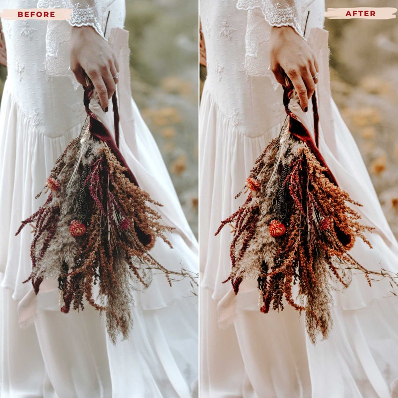 May include: A bridal bouquet featuring dried flowers and grasses in shades of brown, red, and beige. The bouquet is tied with a burgundy velvet ribbon. The bride is wearing a white dress with lace sleeves.