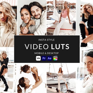 May include: A collage of lifestyle images featuring diverse individuals. The central image displays the text "INSTA STYLE VIDEO LUTS MOBILE & DESKTOP" with app logos. The surrounding photos showcase various fashion and lifestyle scenes, with a focus on style and video editing.