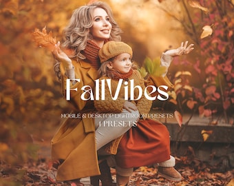 May include: A mother and child are seated outdoors, surrounded by autumn leaves. The image features the text "Fall Vibes" in large white letters. The woman wears a mustard-coloured coat and the child is in a matching sweater and hat. The overall colour palette is warm and autumnal.