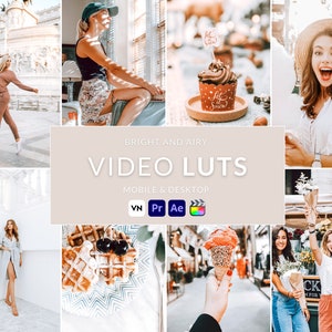May include: A collage of images showcasing a collection of video LUTs for mobile and desktop editing software. The images feature various scenes with a bright and airy aesthetic, including a woman walking in a city square, a cupcake with a "Let it Snow" topper, a woman holding a cotton candy, a woman in a white dress, a plate of waffles with cherries, a hand holding an ice cream cone, and a group of women holding flowers.