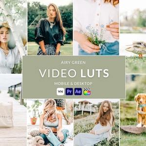 May include: A collection of video LUTs for mobile and desktop editing software. The LUTs are designed to create an airy green color palette. The image shows a variety of scenes with a green color theme, including a woman in a white shirt, a woman in a black shirt, a woman in a blue shirt, a woman in a gray shirt, a dog, and a duck.