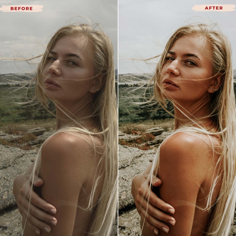 May include: A woman with long blonde hair stands outdoors, looking towards the camera. The image is a portrait with a natural, sun-kissed aesthetic. The background features a landscape with rocks and vegetation under a cloudy sky. The words "BEFORE" and "AFTER" are visible.