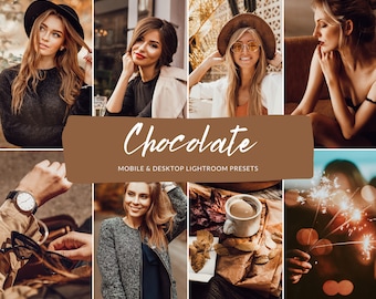 以下が含まれることがあります： 温かみのある美学を持つ8つの画像を使用したコラージュ。「Chocolate」の文字が手書きフォントで表示され、その下に「Mobile & Desktop Lightroom Presets」のテキストがあります。画像はさまざまなライフスタイルのシーンを示しています。