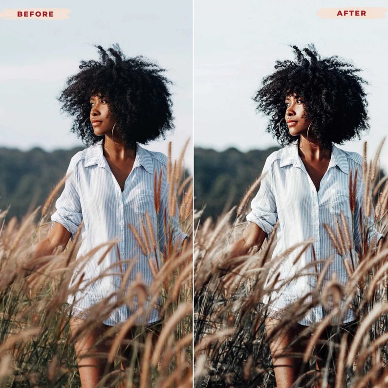 May include: A woman in a light blue and white striped button-down shirt stands in a field of tall grass. The image is split, with "BEFORE" and "AFTER" text at the top, showcasing a photo edit.