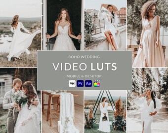 May include: A collage of images showcasing various wedding scenes. The images feature brides in white dresses, a couple embracing, and a table setting. Text overlay reads "BOHO WEDDING VIDEO LUTS MOBILE & DESKTOP".