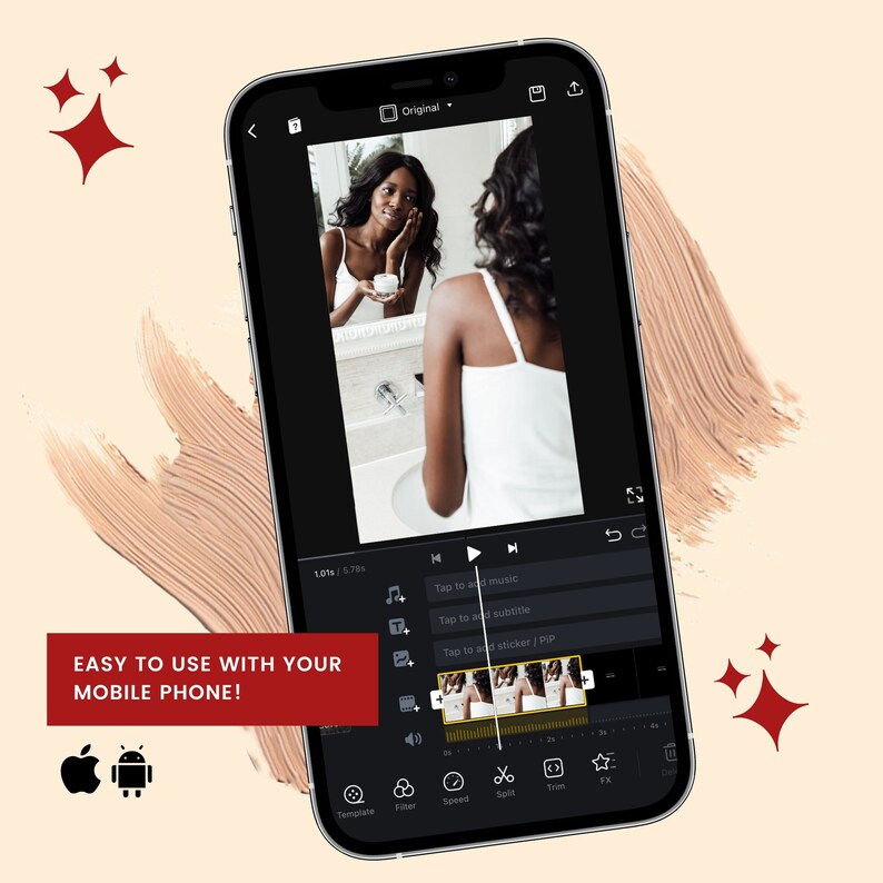 May include: A black smartphone displays a video editing interface with a woman applying cream in a mirror. The screen shows the text "EASY TO USE WITH YOUR MOBILE PHONE!" along with Apple and Android logos. The background has a beige brushstroke design.