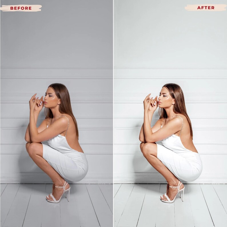 May include: A woman wearing a white dress with a low back and spaghetti straps, paired with white high-heeled sandals. The woman is squatting on a white wooden floor, with a white wall in the background.