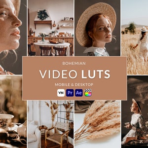 Può includere: Un collage di immagini a tema bohémien. L'immagine centrale presenta il testo "Bohemian Video LUTs" con icone per software di editing mobile e desktop. Altre immagini mostrano una donna dai capelli rossi, una cucina e piante essiccate.