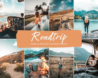 May include: A collage of travel-themed photos with a warm color palette. The images include a plane cockpit, a woman overlooking a tropical scene, a person walking on a dirt road, and a person standing by a lake. The text "Roadtrip" and "Mobile & Desktop Lightroom Presets" are displayed.