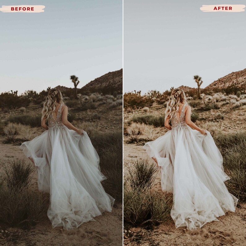 May include: A woman in a flowing, light-colored wedding dress walks away from the camera in a desert landscape. The dress has a detailed bodice and a long, layered skirt. The image is split, with the word "BEFORE" on the left and "AFTER" on the right.