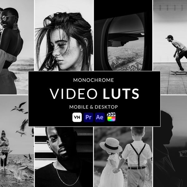 8 Monochrome Video LUTs, Final Cut Pro luts, Film luts, Luts Video, Cube luts, Adobe Premiere Pro, Video Presets, Video Editing,VN editor