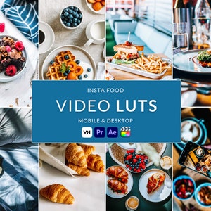 Peut inclure: Un collage d'images présentant divers plats, notamment des pâtisseries, des sandwichs et des desserts. Les images sont disposées en grille et présentent une bannière bleue avec le texte "INSTA FOOD VIDEO LUTs MOBILE & DESKTOP VN Pr Ae".