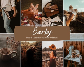 May include: A collage of lifestyle images with a warm, earthy aesthetic. The images include a picnic basket with food, a leather bag, a cup of coffee, and a person wearing a hat. Text on a brown banner reads "Early Mobile & Desktop Lightroom Presets."