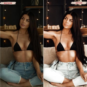 May include: A side-by-side comparison image showing a woman in a black bikini top and blue jeans. The "BEFORE" image is on the left, and the "AFTER" image is on the right. The woman is sitting on a beige couch.