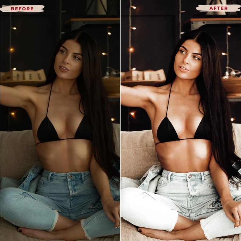 May include: A side-by-side comparison image showing a woman in a black bikini top and blue jeans. The "BEFORE" image is on the left, and the "AFTER" image is on the right. The woman is sitting on a beige couch.