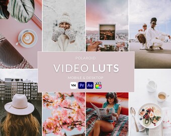 May include: A collage of lifestyle images with a soft, warm aesthetic. The central image features the text "POLAROID VIDEO LUTS" with "MOBILE & DESKTOP" below. Icons for video editing software are also present.