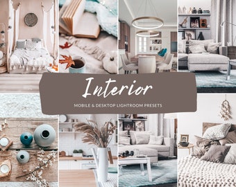 May include: A collection of interior design images, featuring diverse home decor styles. The images include bedrooms, living rooms, and decorative items such as vases, candles, and books. The text "Interior" and "Mobile & Desktop Lightroom Presets" are displayed.