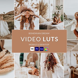 May include: A collage of images with a bohemian theme. The central image features text that reads "Bohemian Dream Video LUTs" with icons for mobile and desktop use. Other images show women in flowing dresses and natural settings.